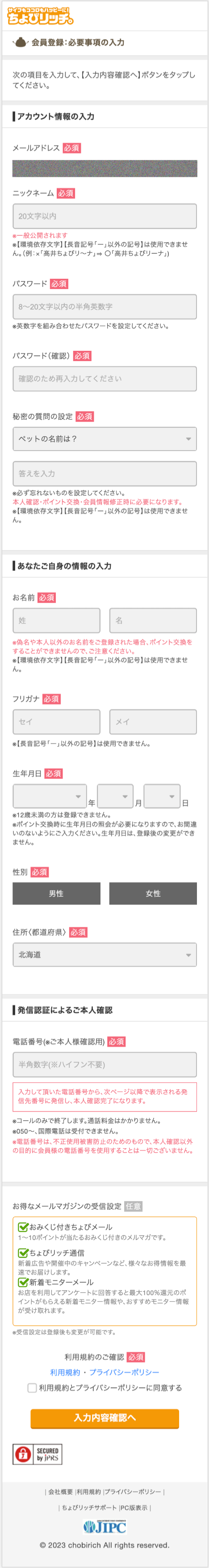 ちょびリッチ登録必要事項入力説明